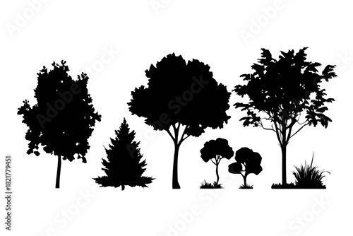 Minimalist black silhouette vector of trees and plants 1