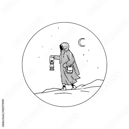 Minimalist line art of a cloaked figure holding a lantern at night