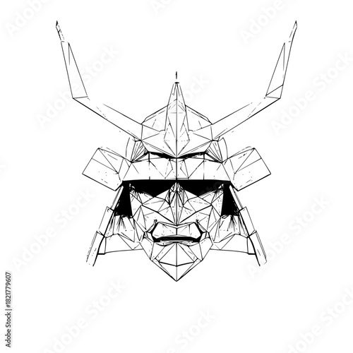 Geometric line art drawing of a traditional japanese samurai helmet