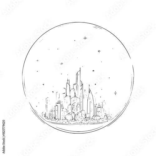Sketch of a futuristic city skyline inside a circle under star