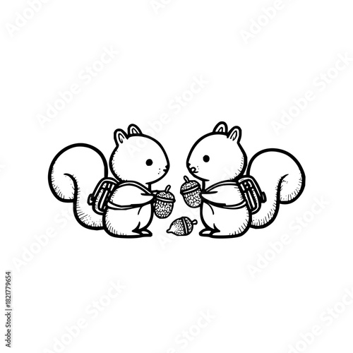 Cute cartoon squirrels with backpacks holding acorn cups
