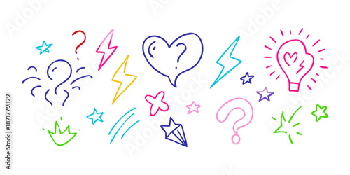 Neon doodle icons with question marks and stars vector