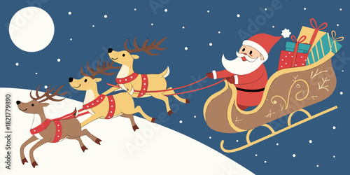 Santa claus riding in a sleigh pulled by reindeer with gifts on a snowy night under a full moon sky