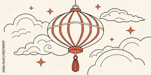Illustration of a chinese lantern with clouds and stars on a light beige colored background art