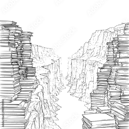 Black and white drawing of a canyon made of towering stacks of paper