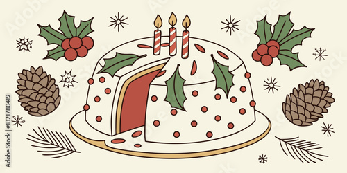 Illustration of a christmas pudding with candles holly and pine cones for holiday decoration