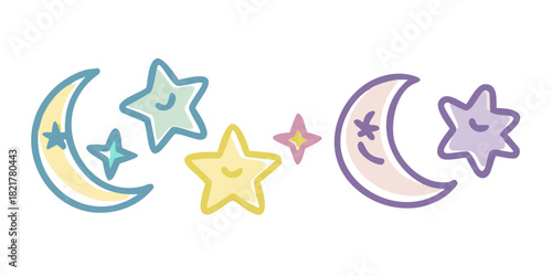 Pastel doodle crescent moons and stars with faces vector