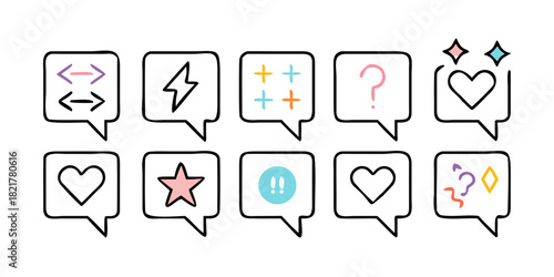 Pastel doodle icons with thin black outlines on white background