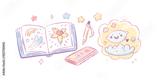 Pastel doodle sketchbook elements with stars and clouds