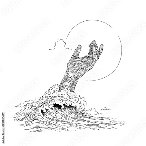 Hand reaching out of a large ocean wave towards a bright circle