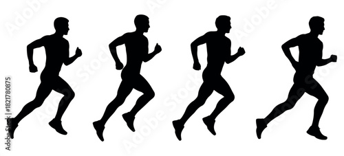 Running athlete silhouettes in dynamic action poses, perfect for sports graphics, fitness concepts, marathon themes, training illustrations, and energetic motion-focused modern vector artwork 