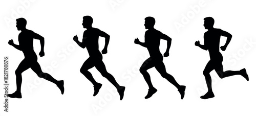 Silhouette running sequence featuring multiple athletes in motion, ideal for sports themes, fitness illustrations, training designs, marathon graphics, and energetic active-movement vector composition