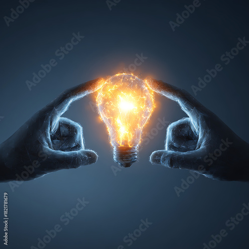 Two hands forming a light bulb shape with glowing idea inside, teamwork creativity concept, vector design.