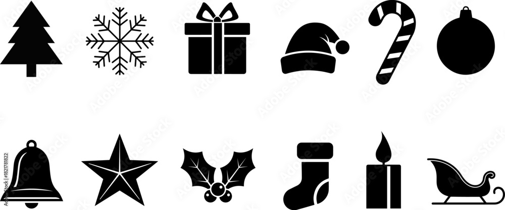 Naklejka premium Christmas Icon Set – 12 Black Vector Holiday Symbols