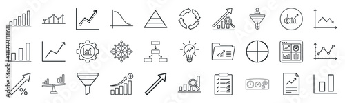 Business and finance data analytics line icons set for illustrating growth strategy processes and statistical financial reports in presentations and web infographics
