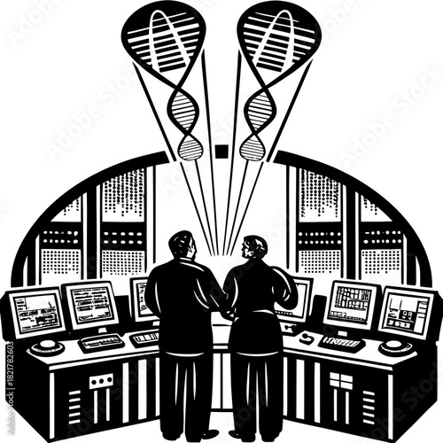 Scientists analyze dna data in a futuristic control room