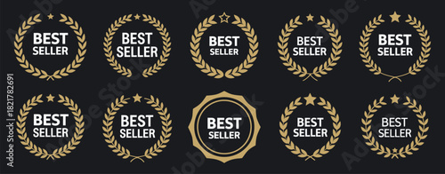 best seller emblem with laurel wreath showcasing a collection of award badges and classic best seller labels, perfect for advertising graphics, product packaging, promotional layouts, and trusted bran