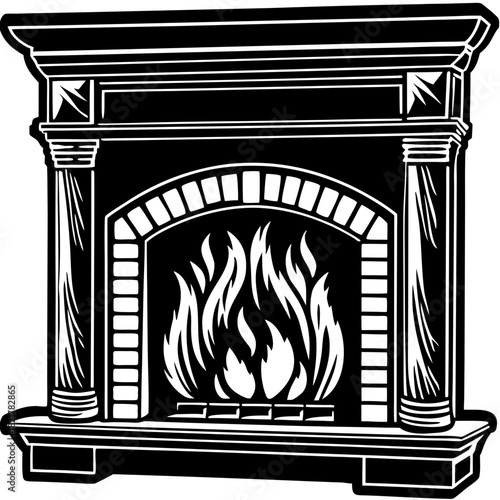 Black and white illustration of a classic fireplace with burning flames