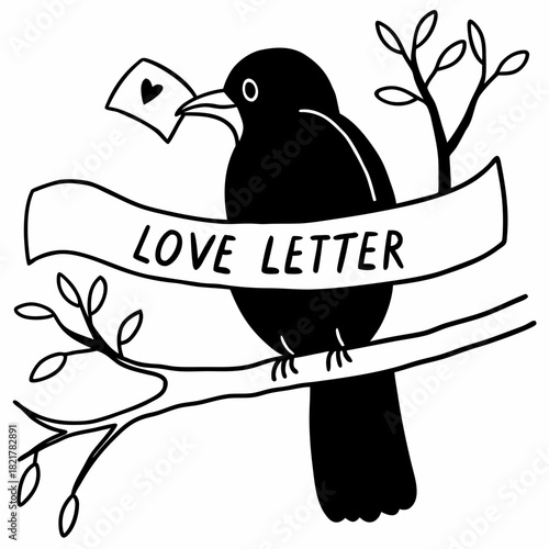 Black bird delivering a love letter, perched on a branch