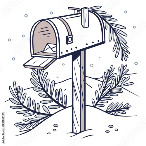 Mailbox in a snowy landscape with pine branches