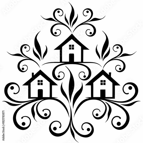 Three black and white houses with ornate scrollwork