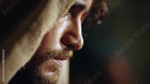 Prayer of Jesus Christ in the Garden of Gethsemane, depicting deep emotions and spiritual connection at a sacred moment before his crucifixion during the evening hours
