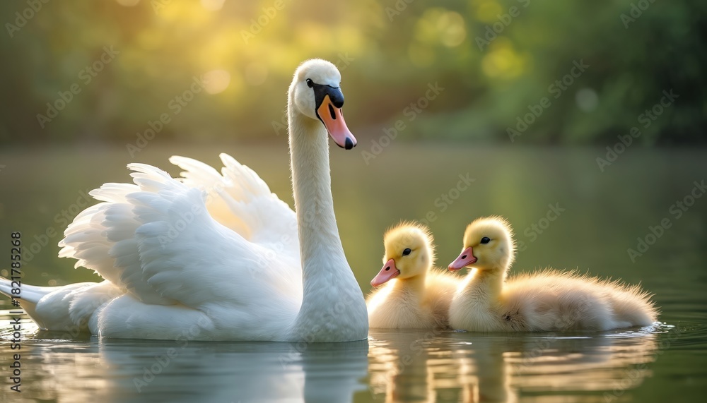 Fototapeta premium Adult swan swims with two cute ducklings on calm lake water surface. Gentle light illuminates mother bird and babies. Family floats peacefully among green natural surroundings.