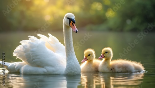 Adult swan swims with two cute ducklings on calm lake water surface. Gentle light illuminates mother bird and babies. Family floats peacefully among green natural surroundings.