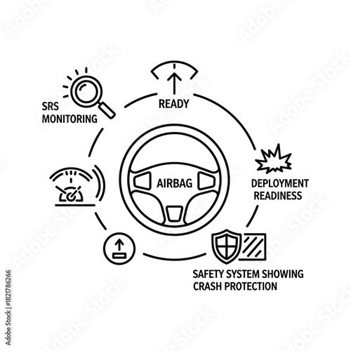 Automotive safety system showing airbag deployment and crash protection