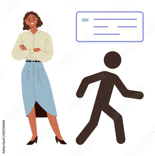 Confident woman in casual attire standing next to walking figure silhouette and speech bubble. Ideal for communication, teamwork, leadership, expression, interpersonal interaction, motivation, simple