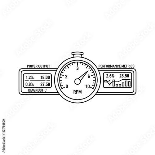 Dashboard display with rpm gauge and performance metrics, isolated on white background