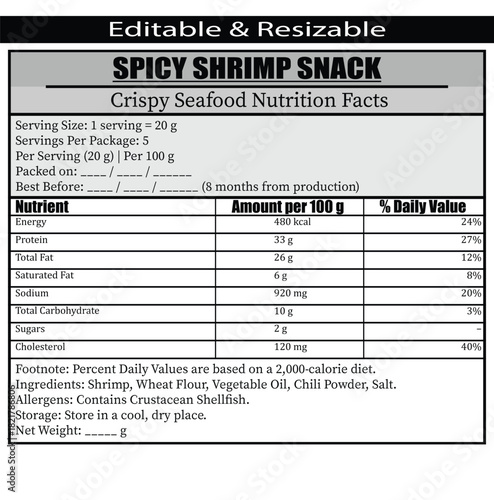 Spicy Shrimp Snack Nutrition Facts Label Editable Resizable seafood crispy