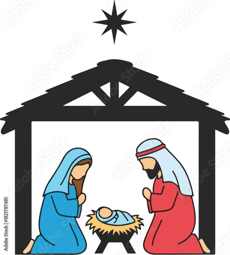 Sacred Birth: A serene illustration of the nativity scene, depicting the holy family gathered in prayer around the infant Jesus, illuminated by a guiding star.