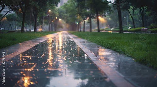 Rainy city park with glistening pavement reflects streetlights in the serene evening atmosphere for peaceful urban scenes