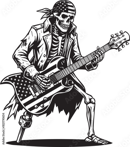 Skeleton Rockstar Playing Guitar with American Flag Design in Black and White Graphic Style