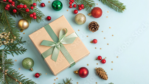 A neatly wrapped gift box with a light green ribbon sits among colorful ornaments, pinecones, and evergreen branches, creating a cheerful Christmas scene.