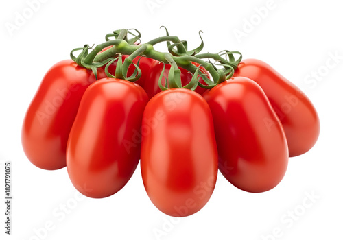 A cluster of fresh, ripe, red roma tomatoes still attached to their green vine stems, isolated on transparent background