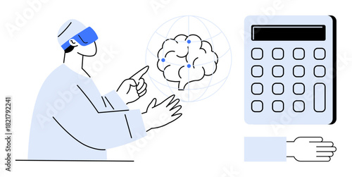 Person wearing VR headset interacting with digital brain hologram and calculator, symbolizing futuristic technology, innovation, problem-solving, education, data analytics, decision-making