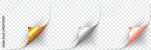Curled page corners isolated on transparent background. Blank curve paper edge, bent sheet, note angle with realistic shadow. Vector rolled up stickers, peel banners