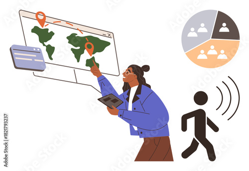 Woman interacting with a digital world map with location pins, holding tablet. Accompanied by pie chart, walking icon with sound waves. Ideal for teamwork, navigation, communication, strategy