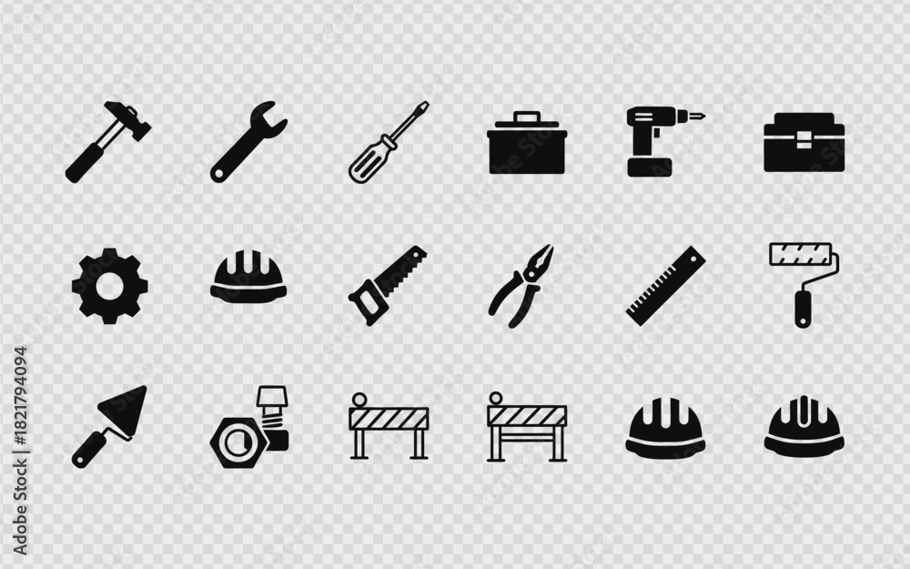 Fototapeta premium Construction tools and equipment icons set on transparent background