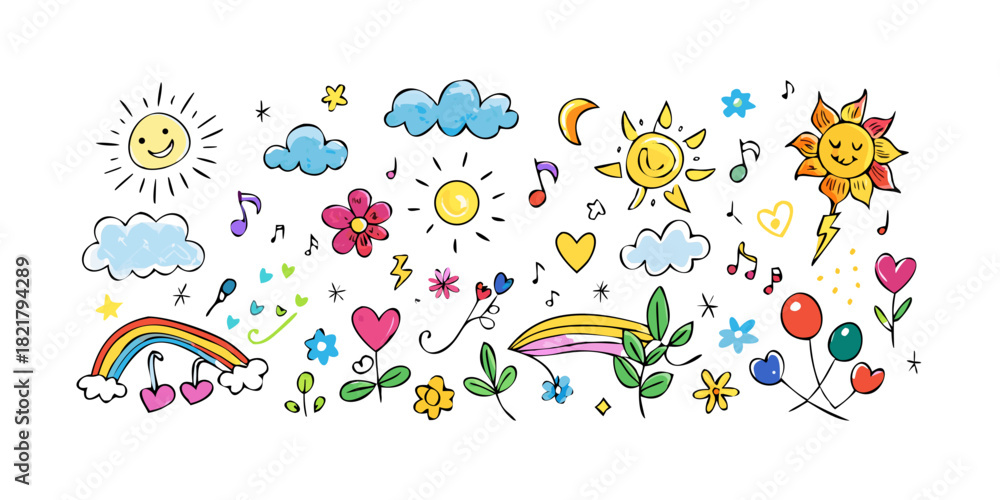Fototapeta premium Playful doodle elements with sun clouds rainbow and flowers