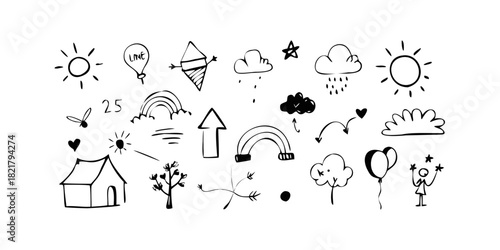 Playful doodle elements on white background illustration