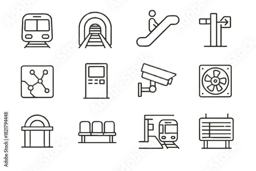 Set escalator turnstile tunnel entrance metro train ventilation camera vector icon