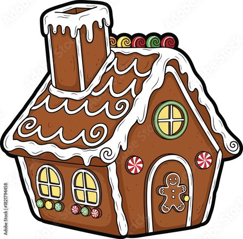 Christmas gingerbread house vector illustration cute holiday cookie cottage with icing candy and gingerbread man door