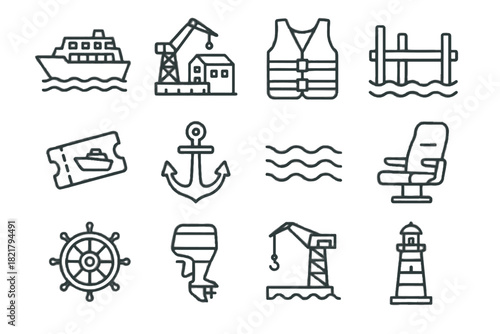 Crane life icon waves transport anchor ticket wheel water icons engine vector