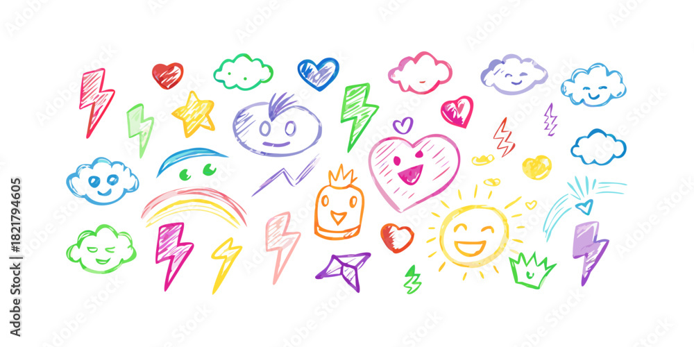 Fototapeta premium Playful rainbow colored doodle icons with transparent background