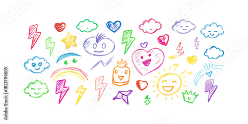 Playful rainbow colored doodle icons with transparent background