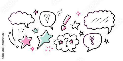 Playful speech bubbles and stars with question marks
