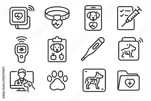 Pet health vaccination app mobility print icon veterinary vector sensor set monitor